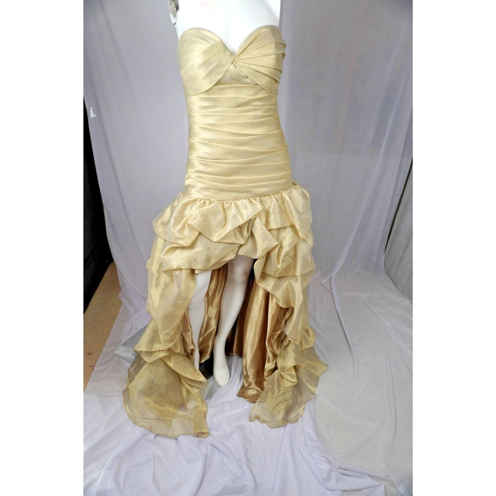 Jovani 172069 Gold Strapless High Low Dress Ruched Sweetheart Ruffle Tiered Sz 8